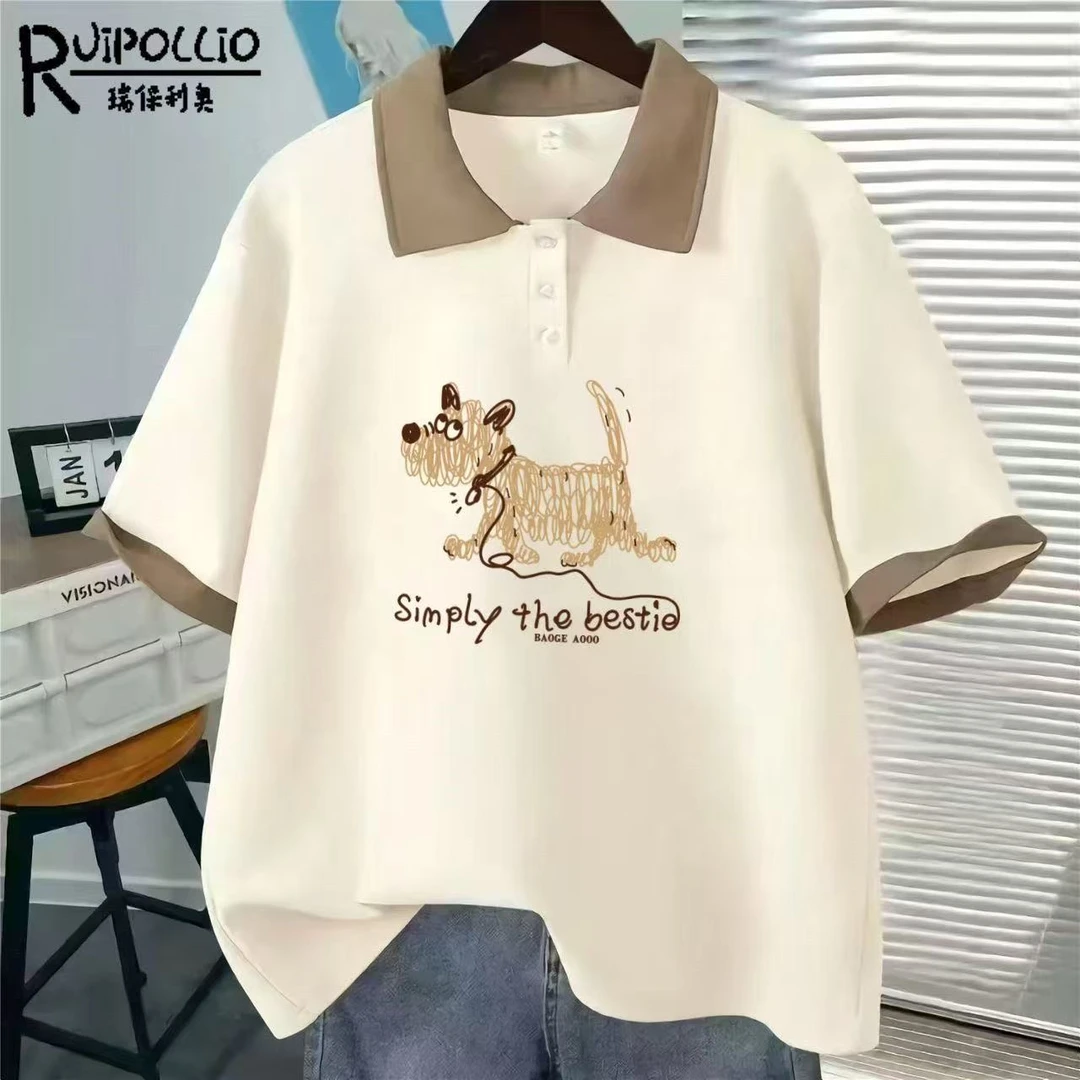 女童短袖T恤夏季学生翻领POLO领2025新款洋气中大童宽松正肩上衣