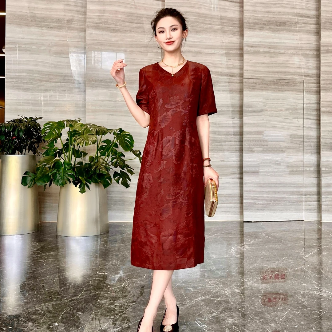 FSSIA幽兰｜红云纱全孔花萝莨纱显瘦夏季V领短袖旗袍连衣裙MG-5111