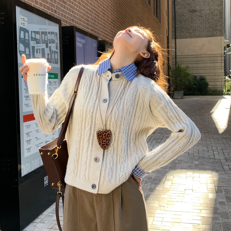 假两件麻花针织开衫外套女2025春秋季新款设计感毛衣外搭打底上衣