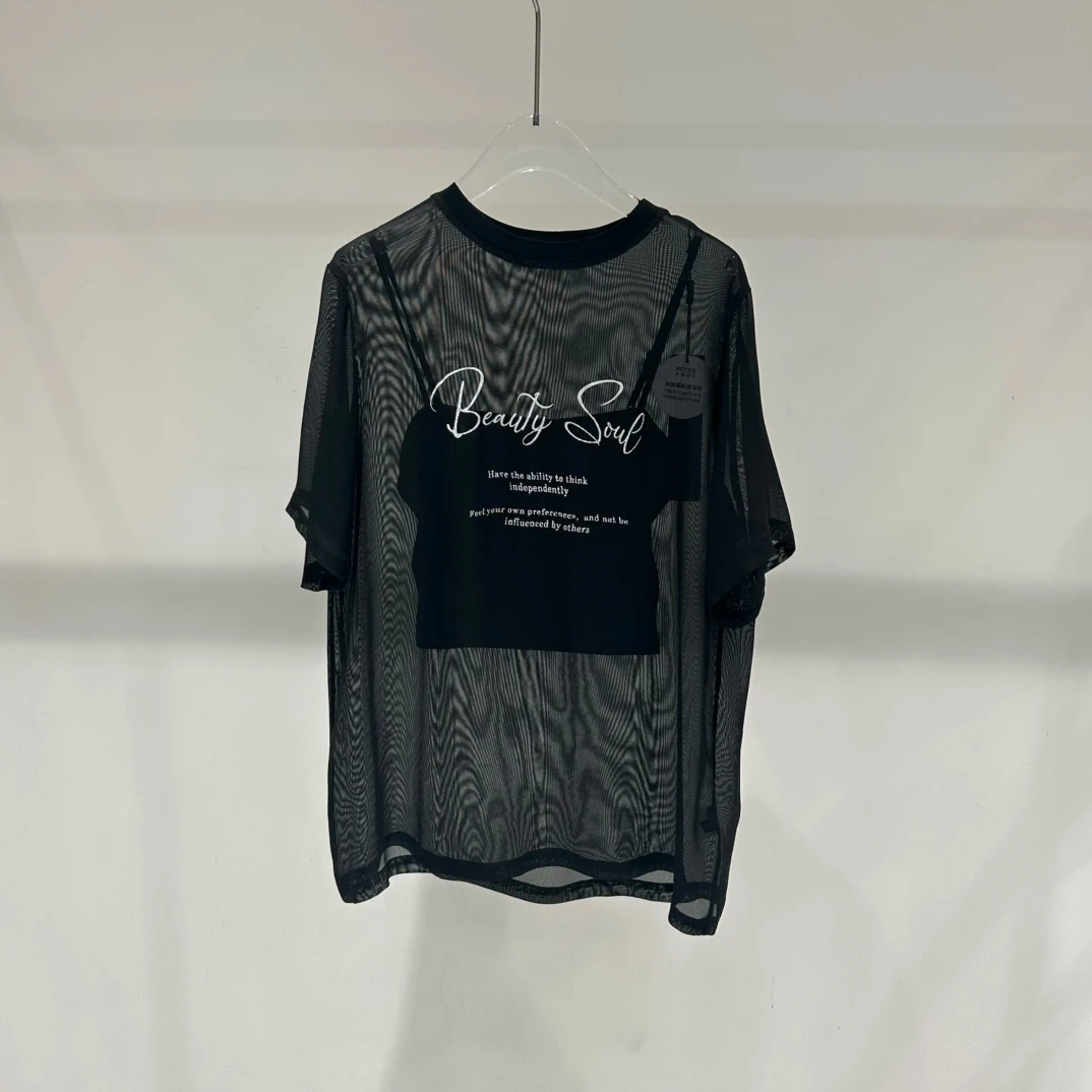 时尚黑色蕾丝T恤-夏季休闲宽松印花圆领上衣6008