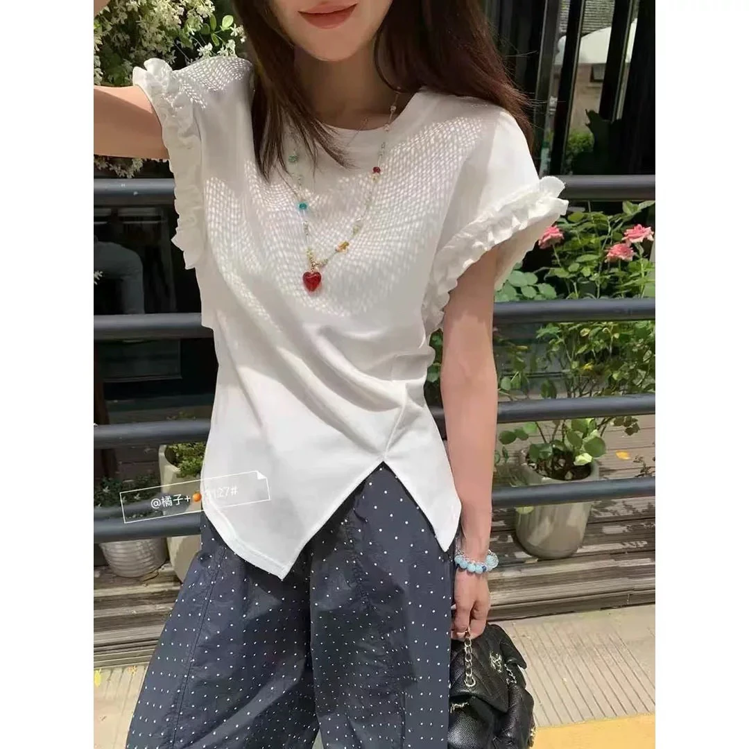 夏季新款木耳边袖扣不规则开叉后腰镂空辣妹T恤