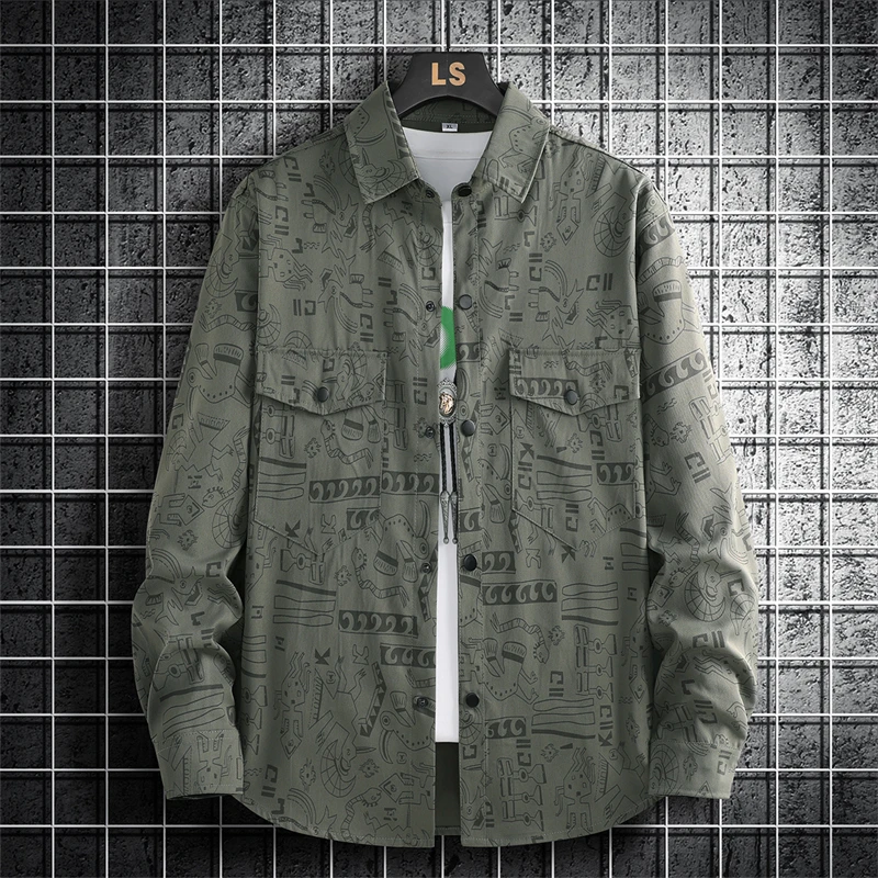 美式满印花衬衫外套男春秋2025新款宽松加肥加大码休闲长袖衬衣男