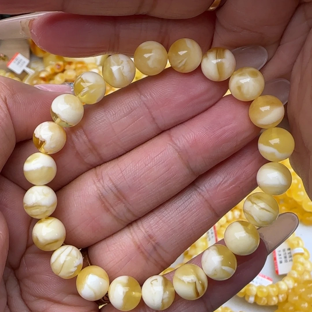 蜜蜡未镶嵌手链金瓷白妖花圆珠手串