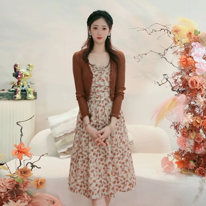 2025秋季吊带裙套装修身时尚显瘦收腰气质连衣裙两件套裙子2075