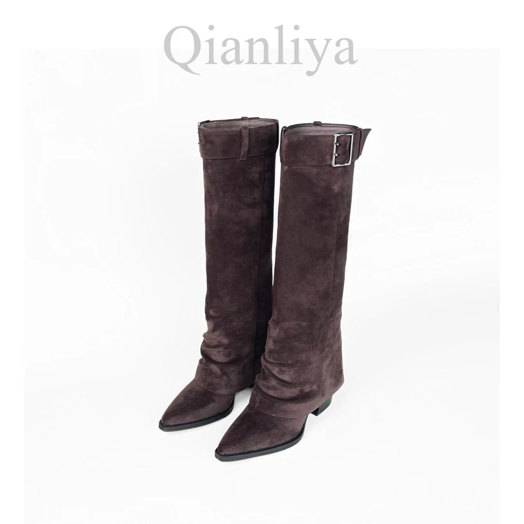 【QLY】—豹纹皮带裤管靴秋冬尖头中筒粗跟欧美风百搭酷飒时装靴5529