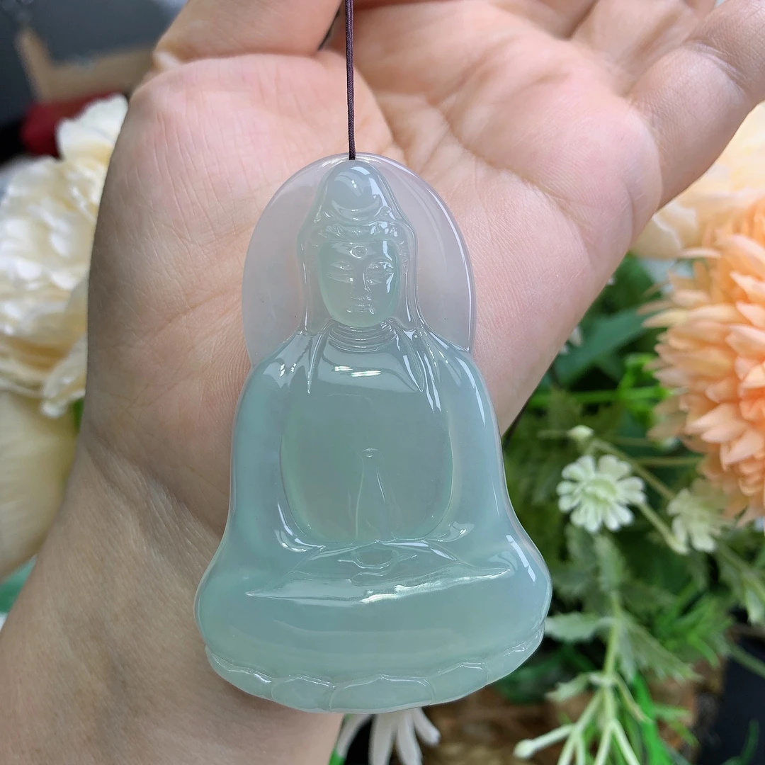 缅甸天然翡翠A货冰胶蓝底素衣观音吊坠大尺寸64.8/41.6/5.8mm