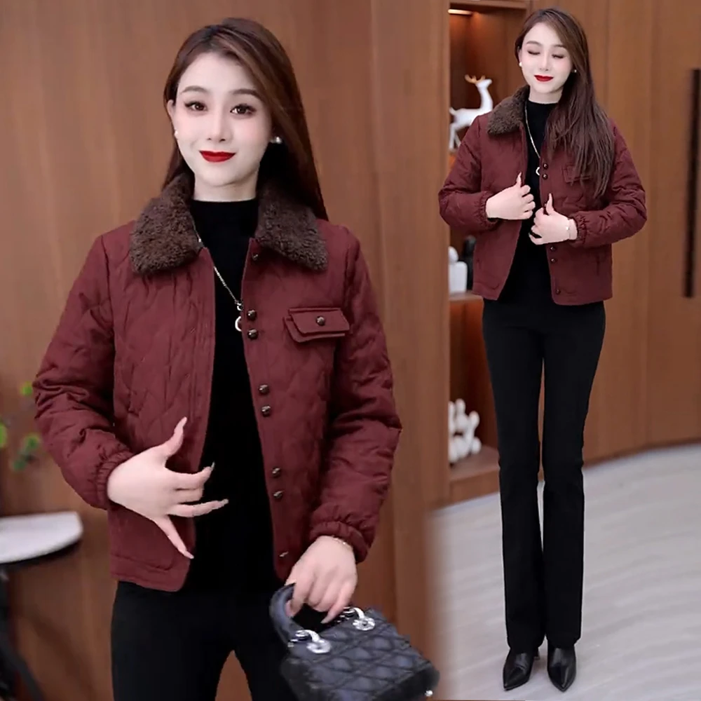 时尚短款棉衣外套女2025秋冬新款洋气质百搭宽松显瘦翻领菱格外套