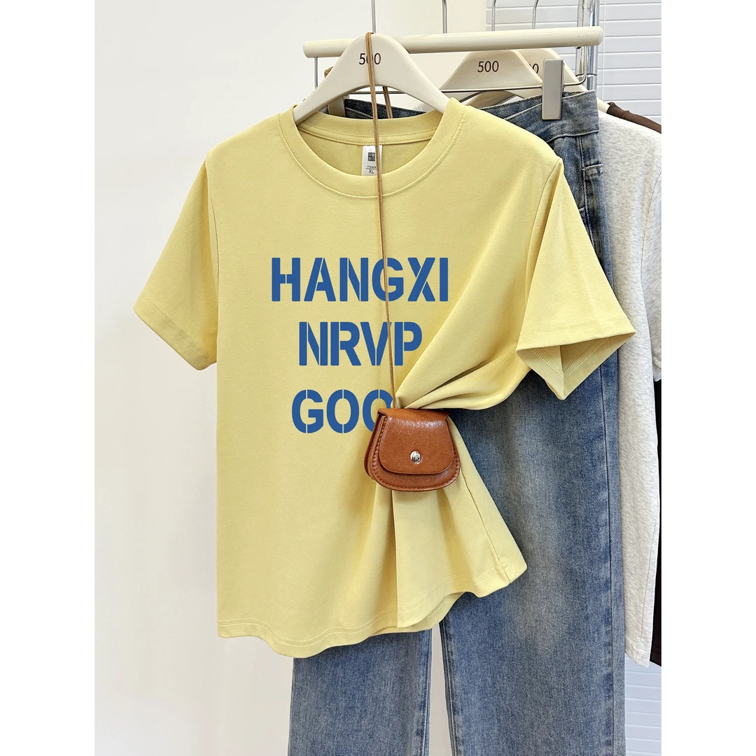 大码女装正肩短袖T恤设计感字母简约印花夏季胖mm遮肉显瘦上衣