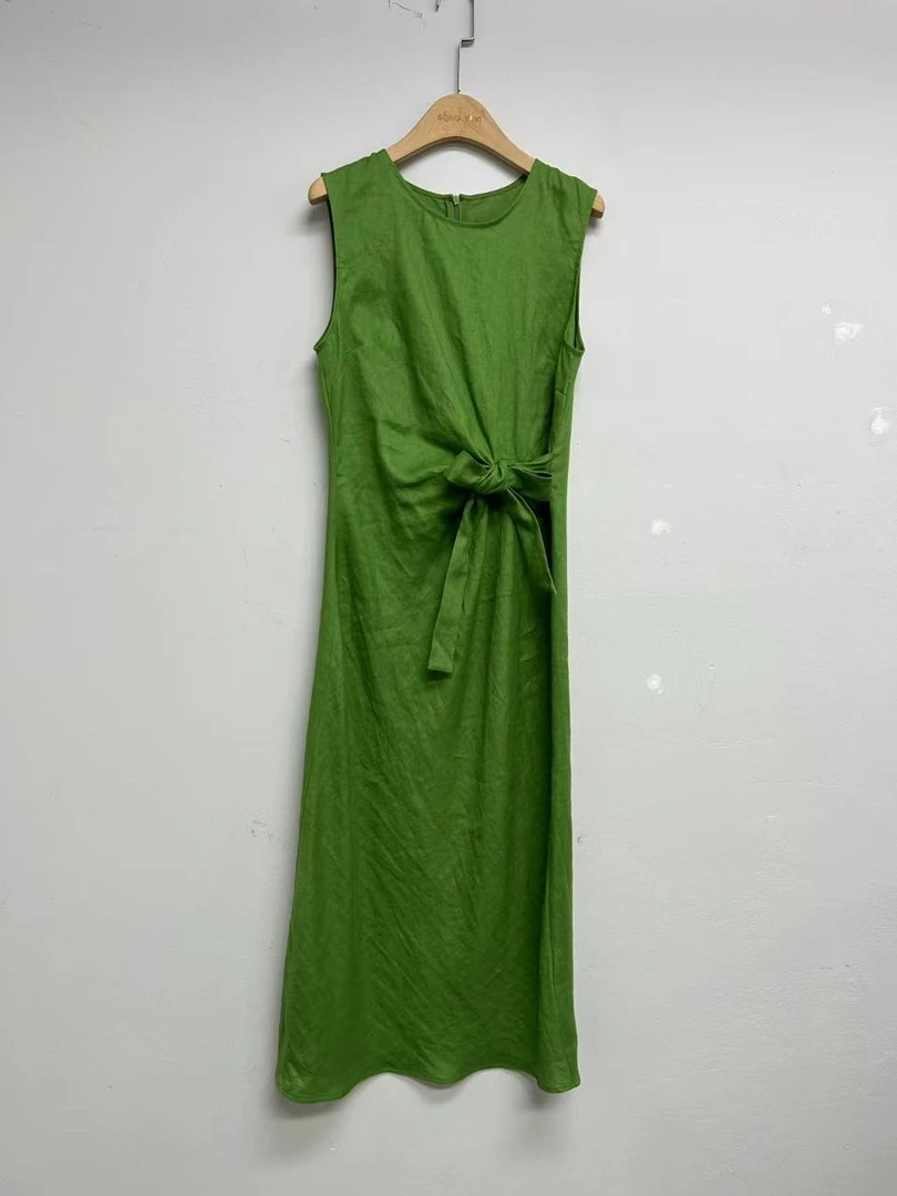 夏季长裙法式无袖常规袖连衣裙绿色女款裙子简约女士气质显瘦