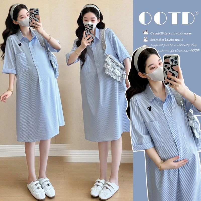 孕妇装夏季新款时尚洋气大码中长款短袖宽松显瘦孕妇衬衫连衣裙