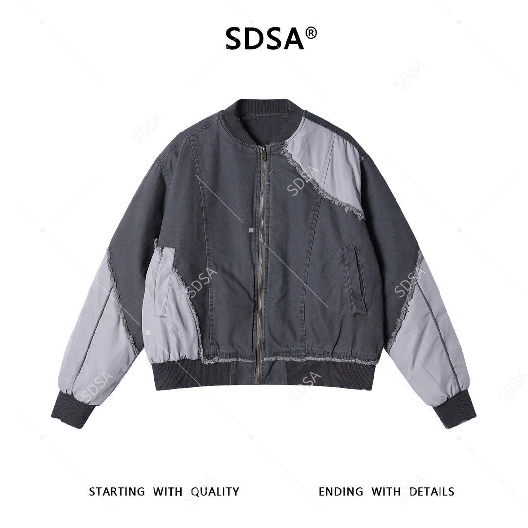 SDSA秋冬新款痞帅男装美式街头潮牌撞色拼接毛边棒球领夹克外套