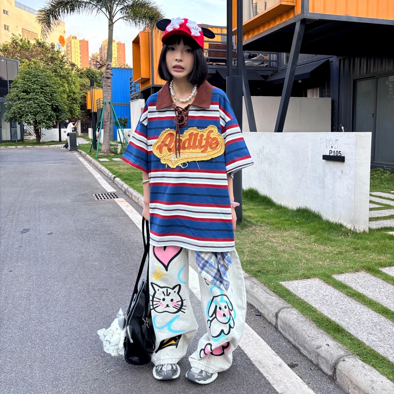 ANDIFE品牌重磅条纹刺绣polo领短袖潮牌情侣男女同款复古半袖t恤