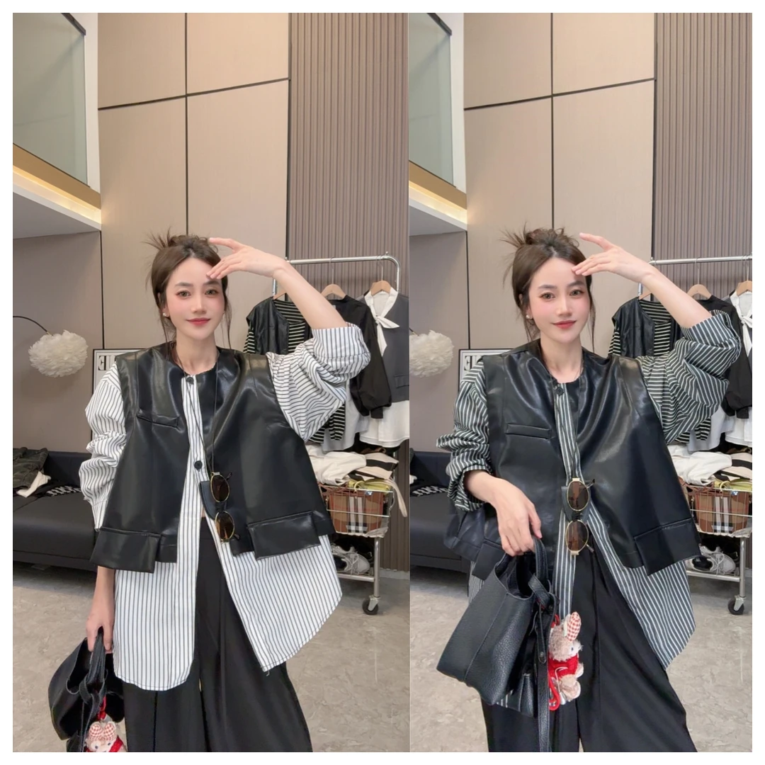 【轻描淡写】欧货假两件设计款单排扣时尚休闲宽松文艺中长款衬衫