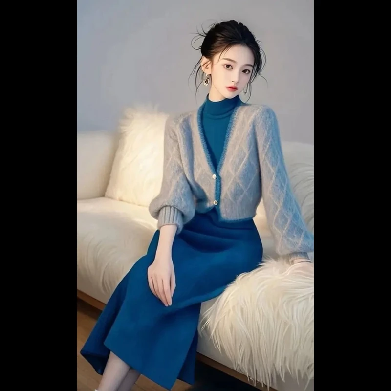 3725+3726独特绝美气质名媛小香风蓝色毛衣针织连衣裙套装