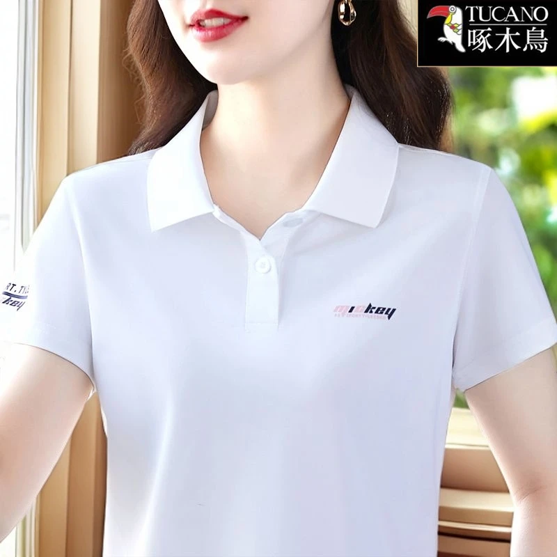 啄木鸟夏季短袖通勤POLO领T恤2025年新款韩版纯色修身印花上衣女