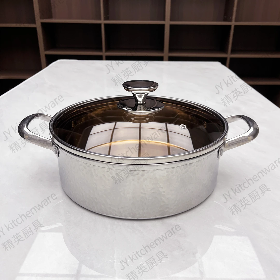 30CM锤纹不锈钢汤锅无涂层炖煮锅双耳火锅电磁炉