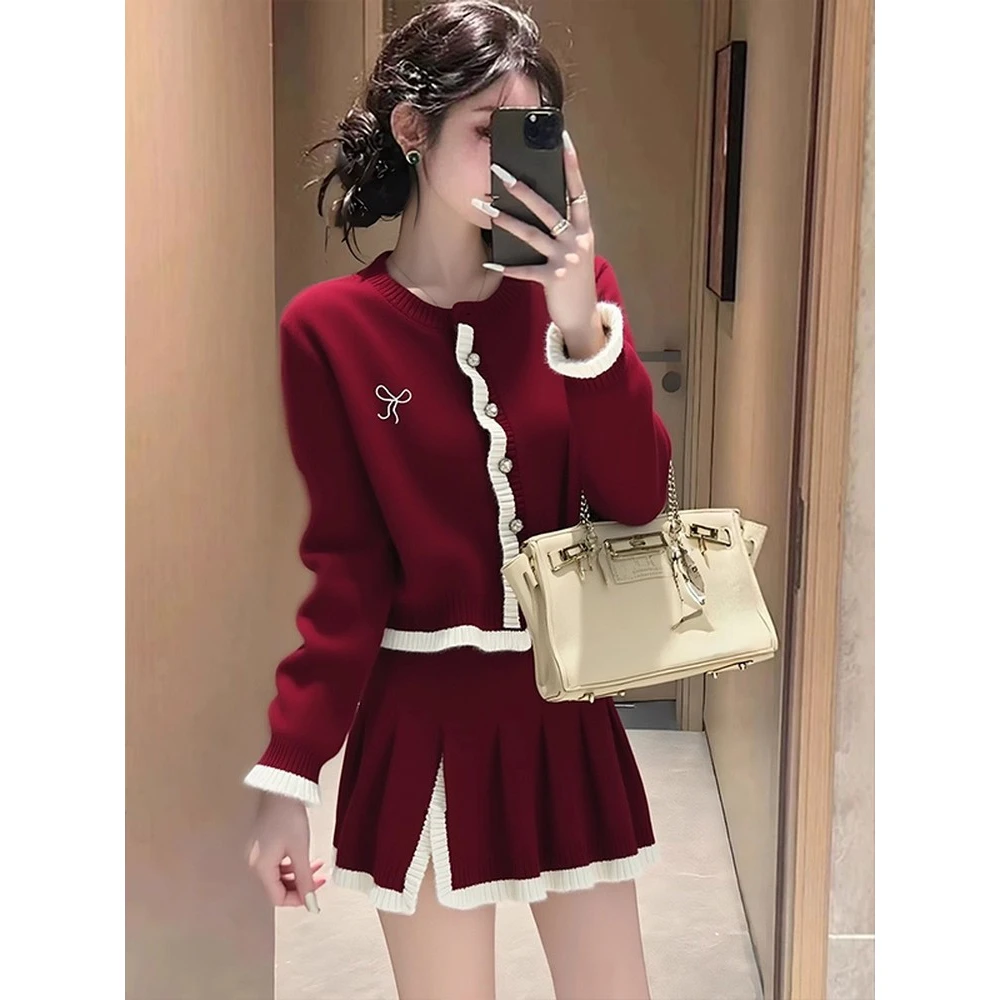 小香风红色套装女2025新款秋冬穿搭巨好看的针织上衣半身裙两件套