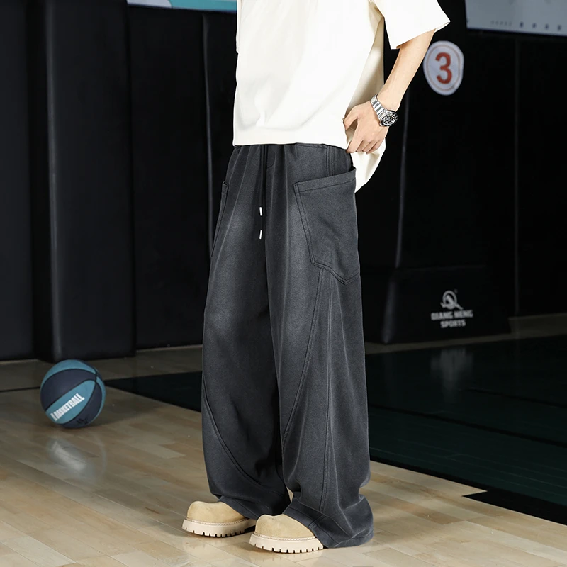 重磅水洗做旧休闲卫裤男秋季潮牌直筒工装宽松裤子高街设计弯刀裤