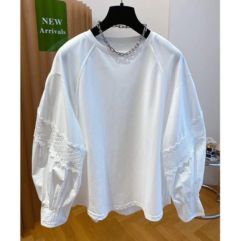 超好看绝美蕾丝衬衫袖拼接白色t恤女长袖2026春灯笼袖打底衫上衣