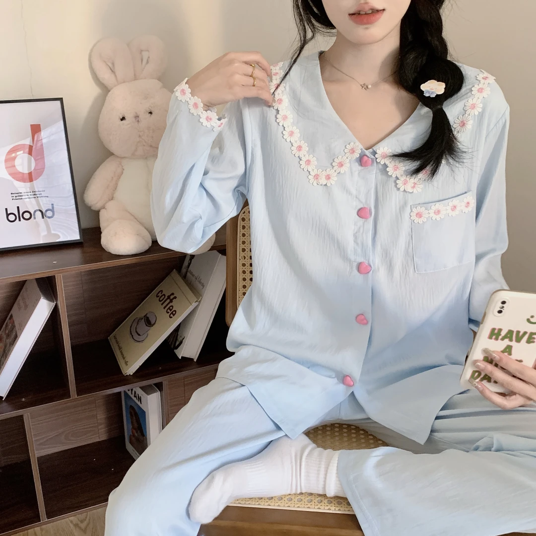 带胸垫睡衣女春秋款可爱小花高级感长袖长裤秋冬季2025新款家居服