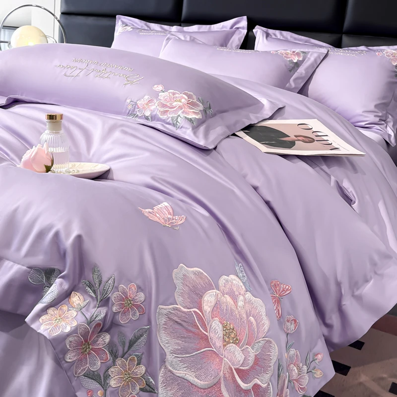 富莱城高级感200S长绒棉四件套花卉刺绣被套全棉舒适床上用品4