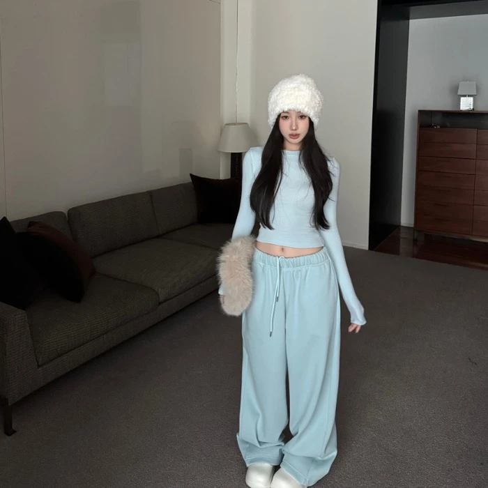 修身蓝色基础款长袖T恤上衣女秋季休闲套装抽绳运动阔腿裤两件套