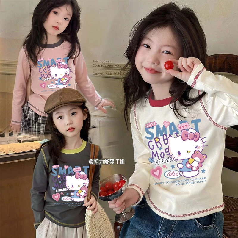 儿童宝宝春秋季新款纯棉长袖T恤女童卡通kt猫打底衫韩系百搭上衣t