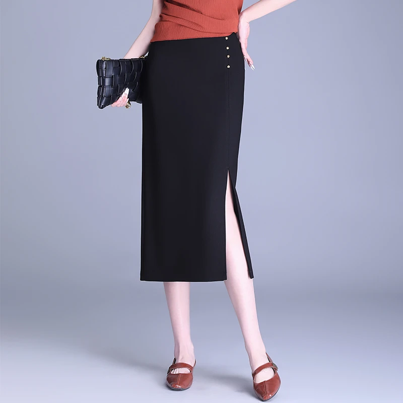 弹力垂感黑色筒裙半身裙气质春秋女裙子包臀裙开叉中长款一步裙