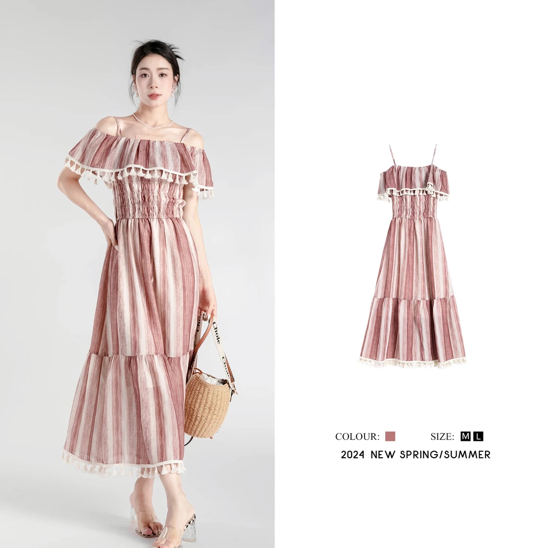 夏季复古度假风一字肩流苏条纹荷叶边连衣裙F592288