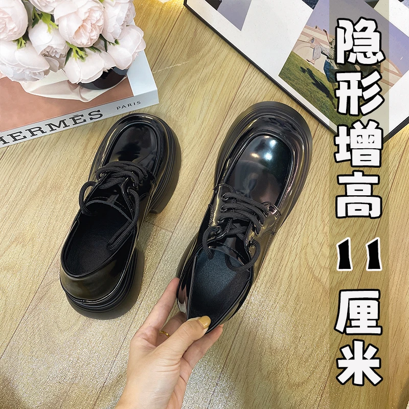 11CM黑色内增高厚底乐福鞋女2025新款圆头单鞋子学院英伦风小皮鞋