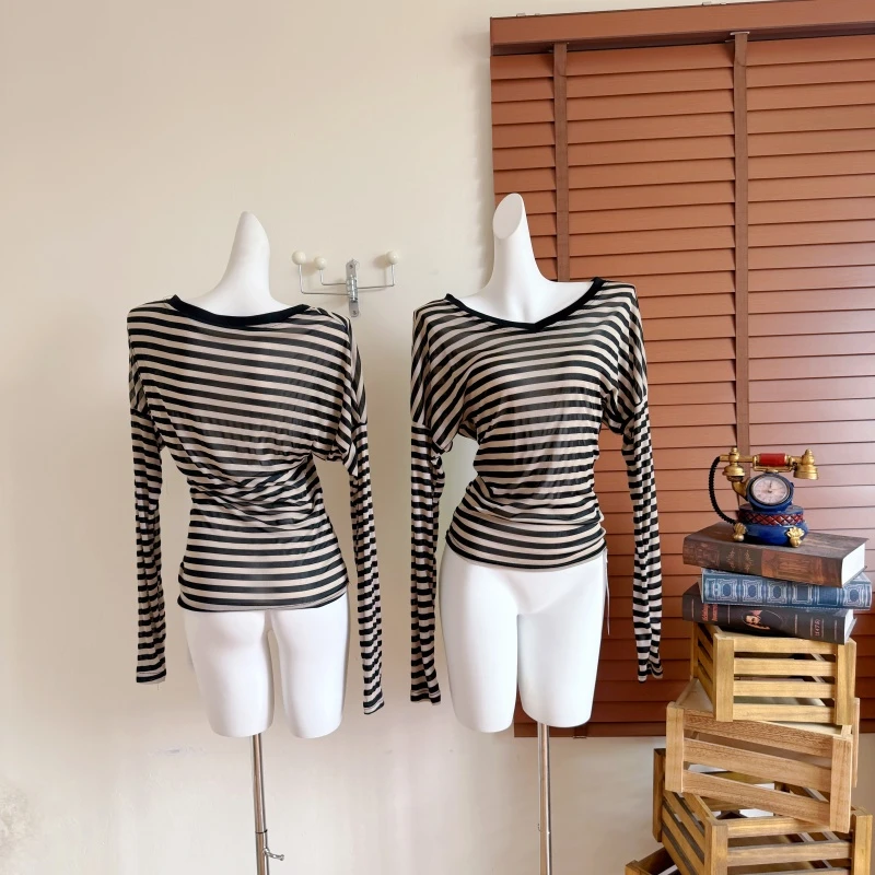 韩版条纹V领落肩袖收腰显瘦针织上衣女早秋轻薄宽松百搭长袖T恤