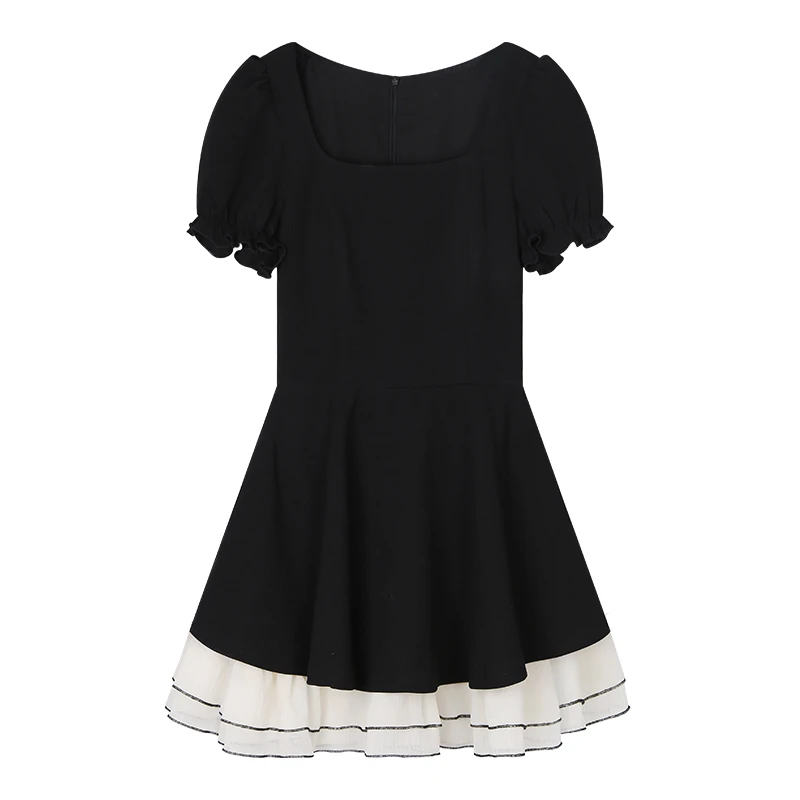 清仓100-101黑天鹅撞色短袖裙小黑裙减龄黑色连衣裙B242Q0935高腰