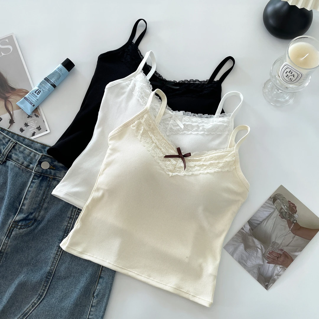 夏季纯欲性感蕾丝边美背吊带背心女带胸垫显瘦外穿内搭辣妹上衣潮