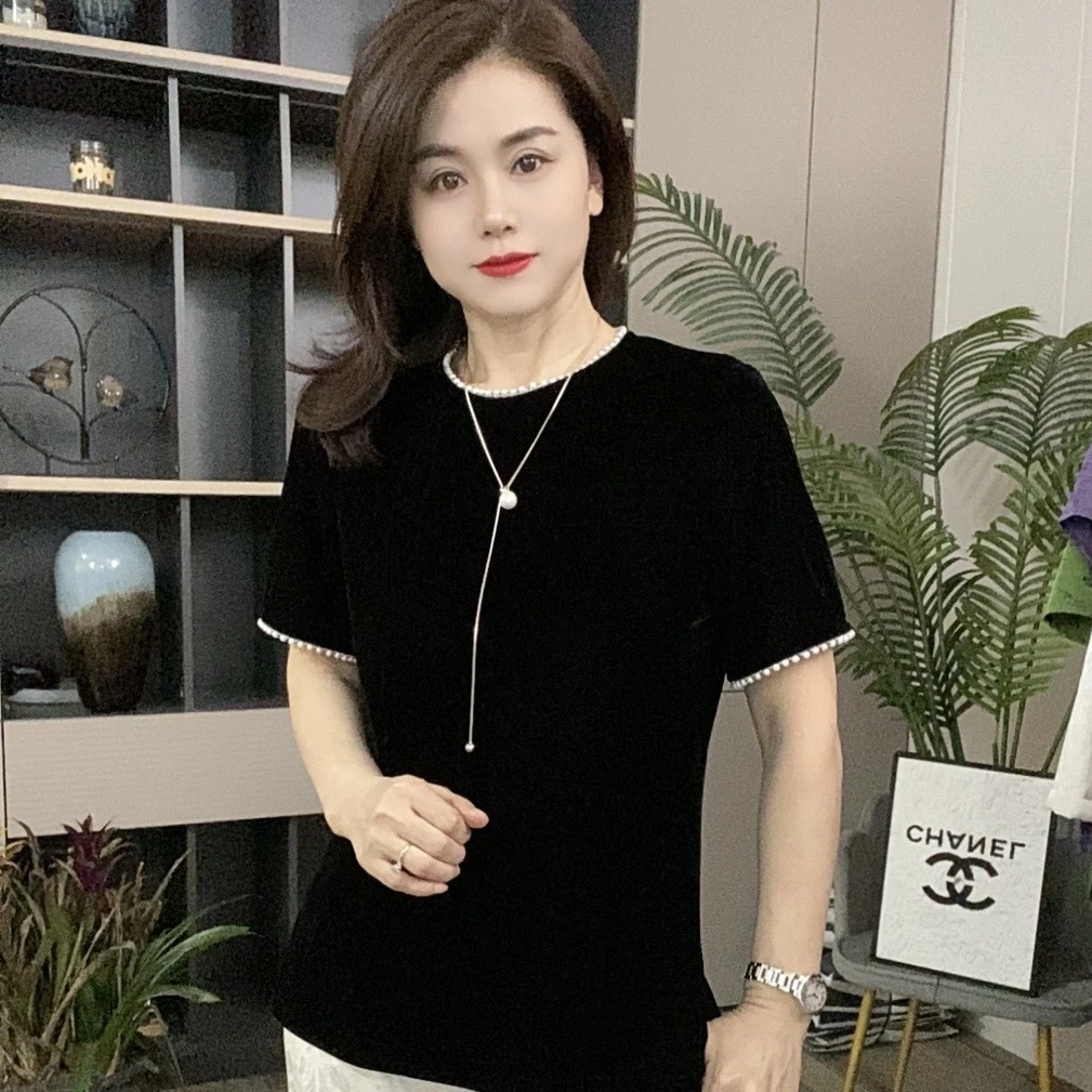 2025新款短袖小香风夏季两凉感休闲显瘦简约丝绒上衣