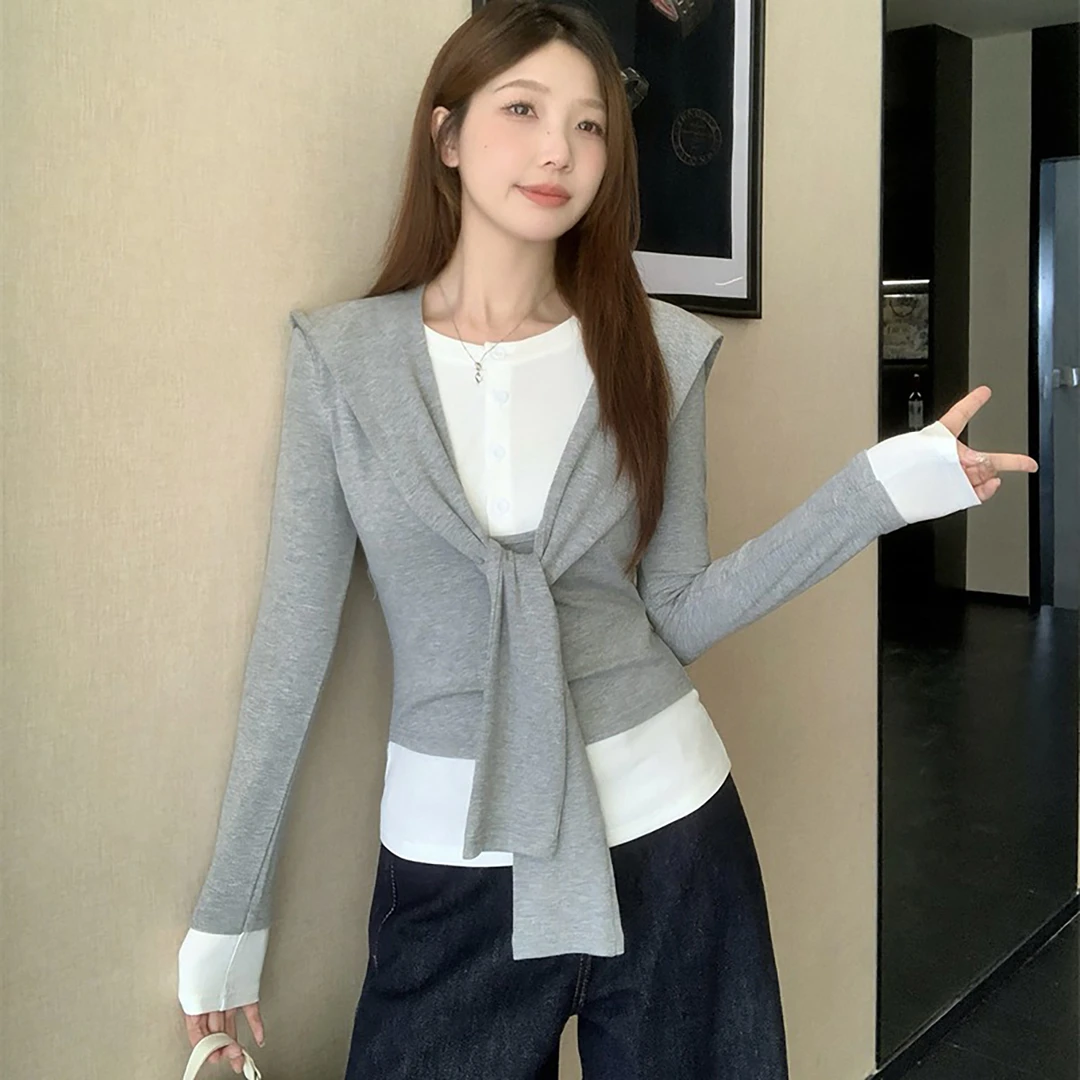 韩系穿搭撞色假两件绑带拼接长袖T恤2025秋季设计感通勤百搭上衣