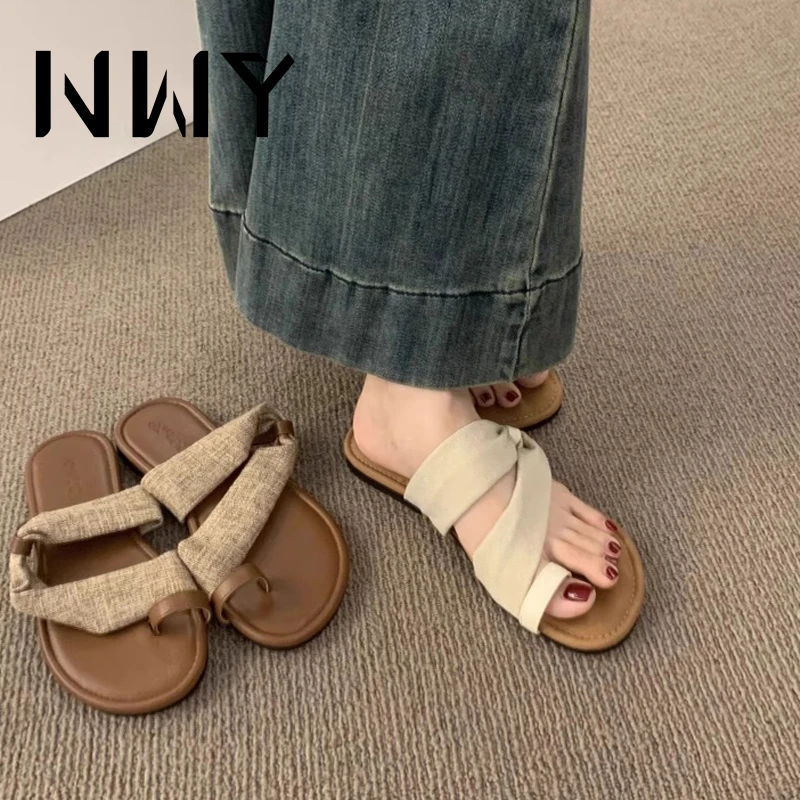 两穿法亚麻一字带套趾凉鞋女夏季度假风休闲沙滩罗马鞋子外穿拖鞋