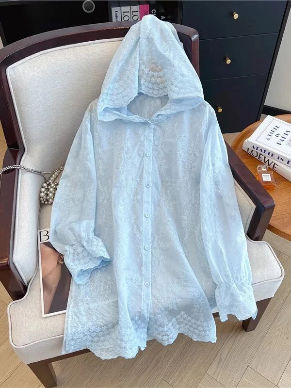 特大码胖m300斤蕾丝刺绣连帽防晒衣衬衫女夏季薄款宽松开衫肥外套
