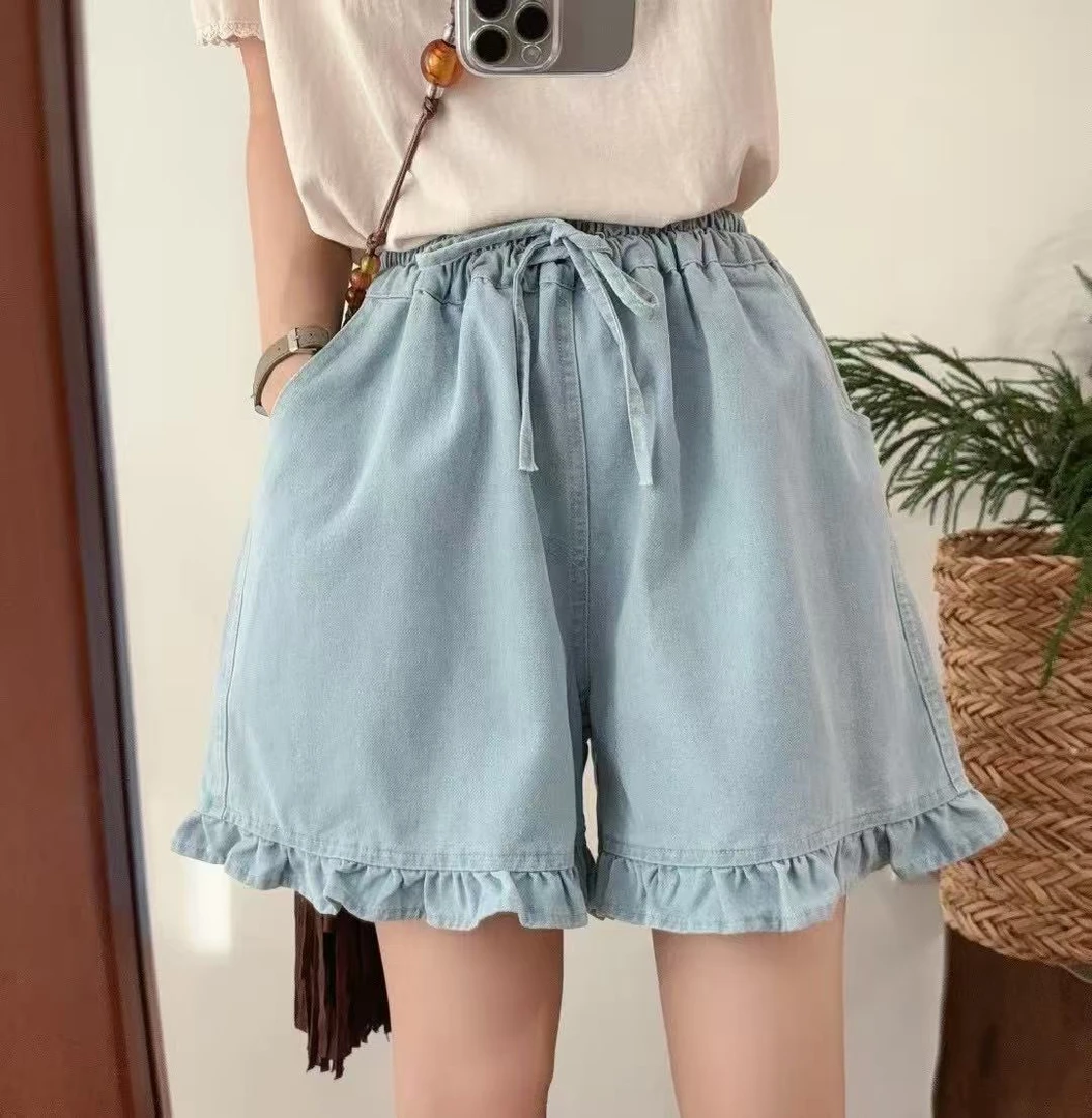 可衣-【系带木耳边】夏季新款百搭牛仔短裤女