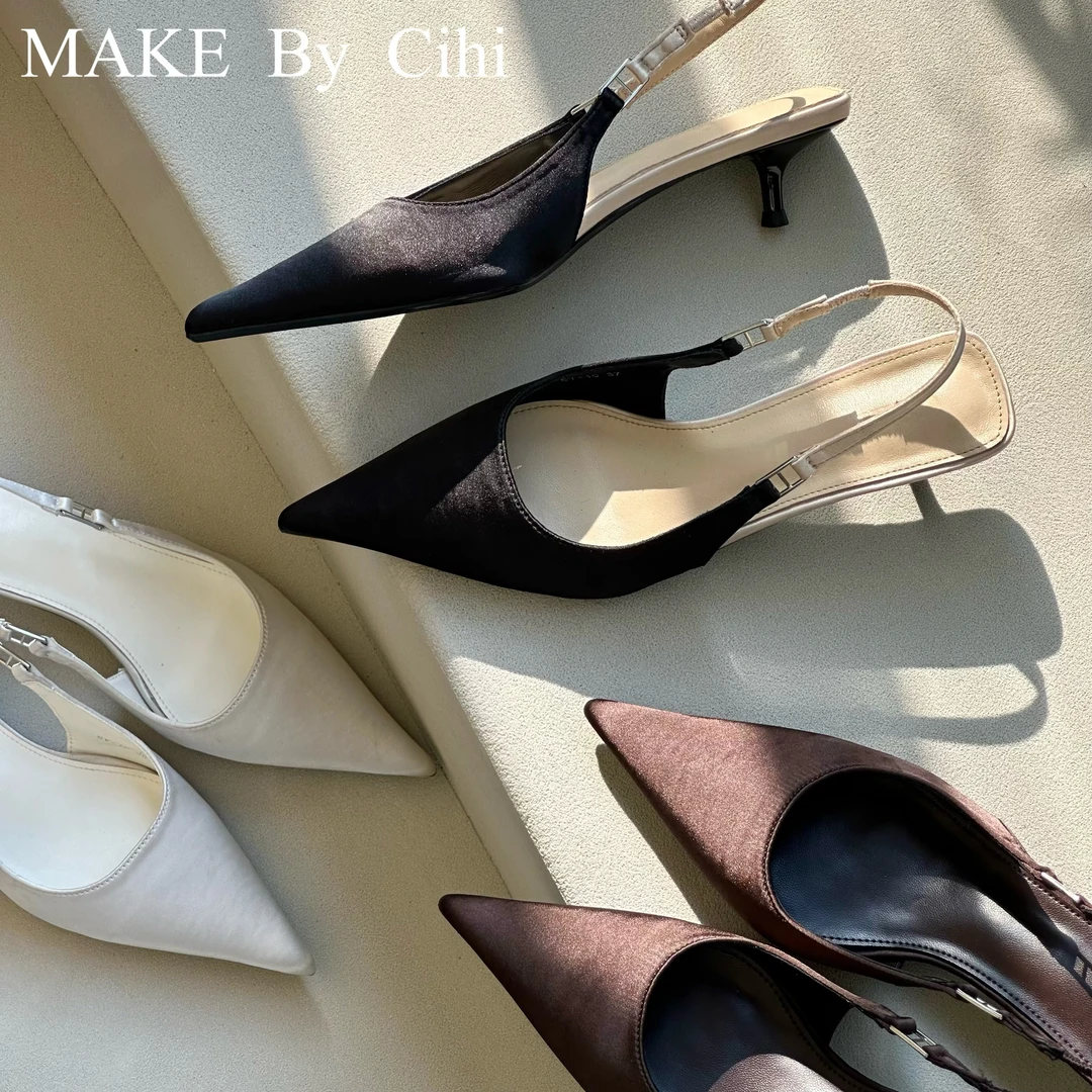 Cihi設計'makerspace'-【后庭花】法式綢緞质感 后绊带低跟尖头单鞋