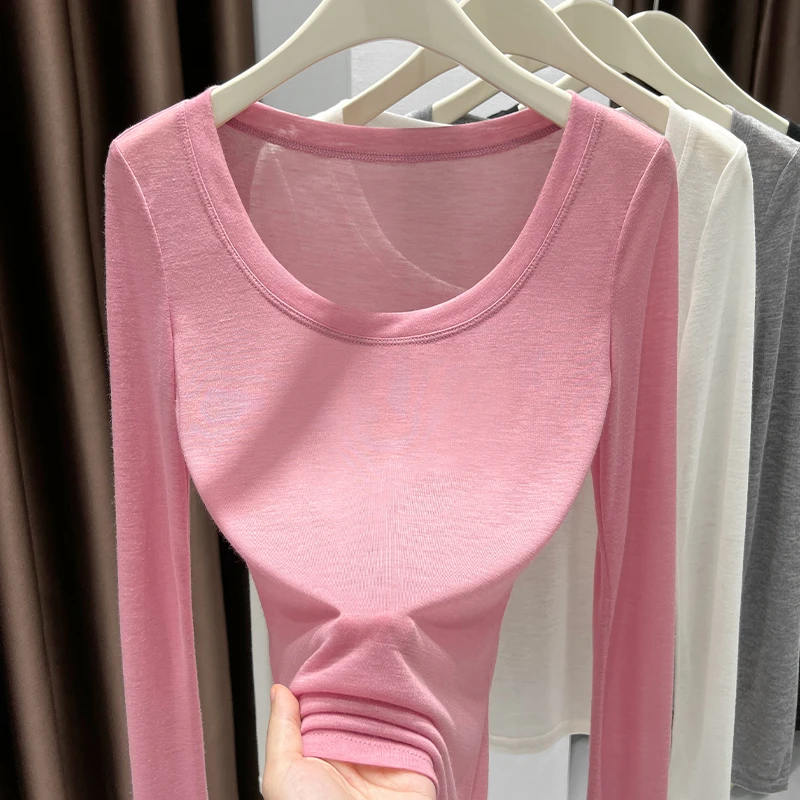 轻薄微透正肩低领显瘦长袖T恤春秋粉色上衣大圆领打底内搭针织衫