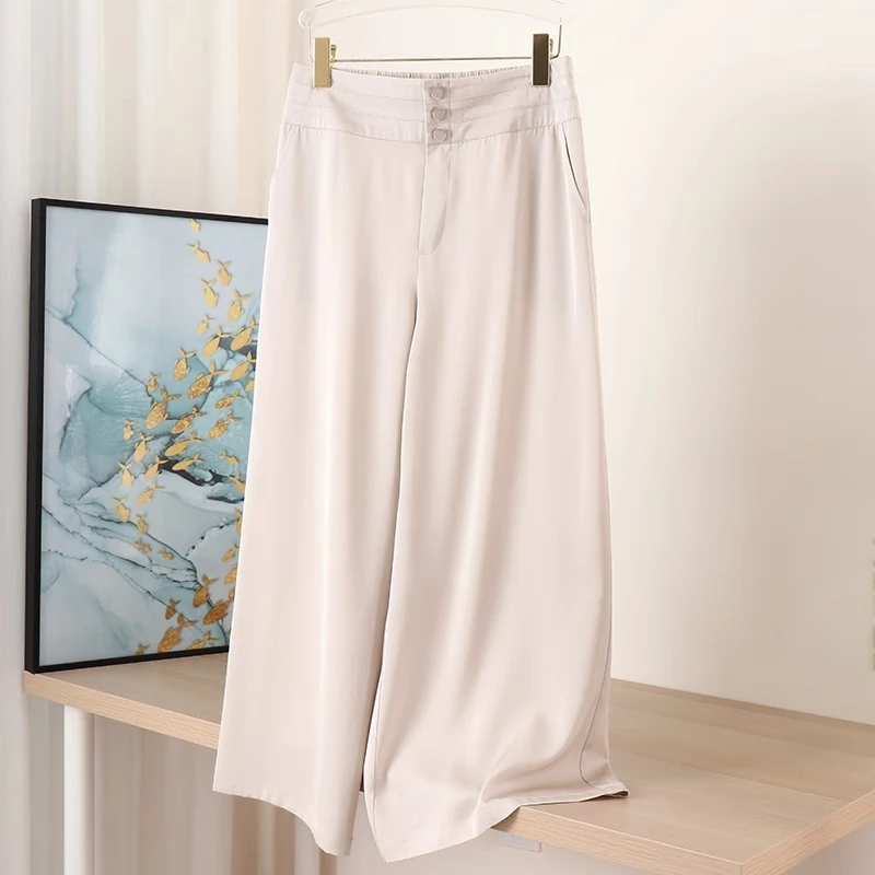 【厂家直销】纯色百搭真丝裤女薄款三粒扣直筒裤九分裤J77417