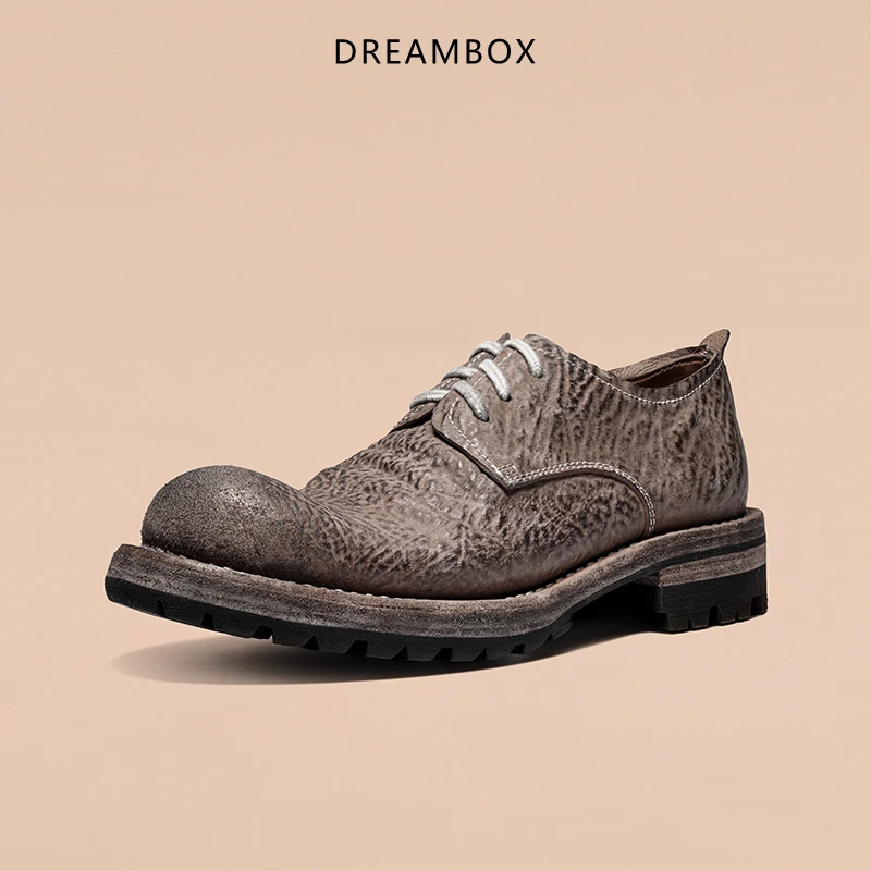 DREAMBOX钧博vibram复古做旧大头皮鞋缩纹马臀皮英伦风男士鞋子潮