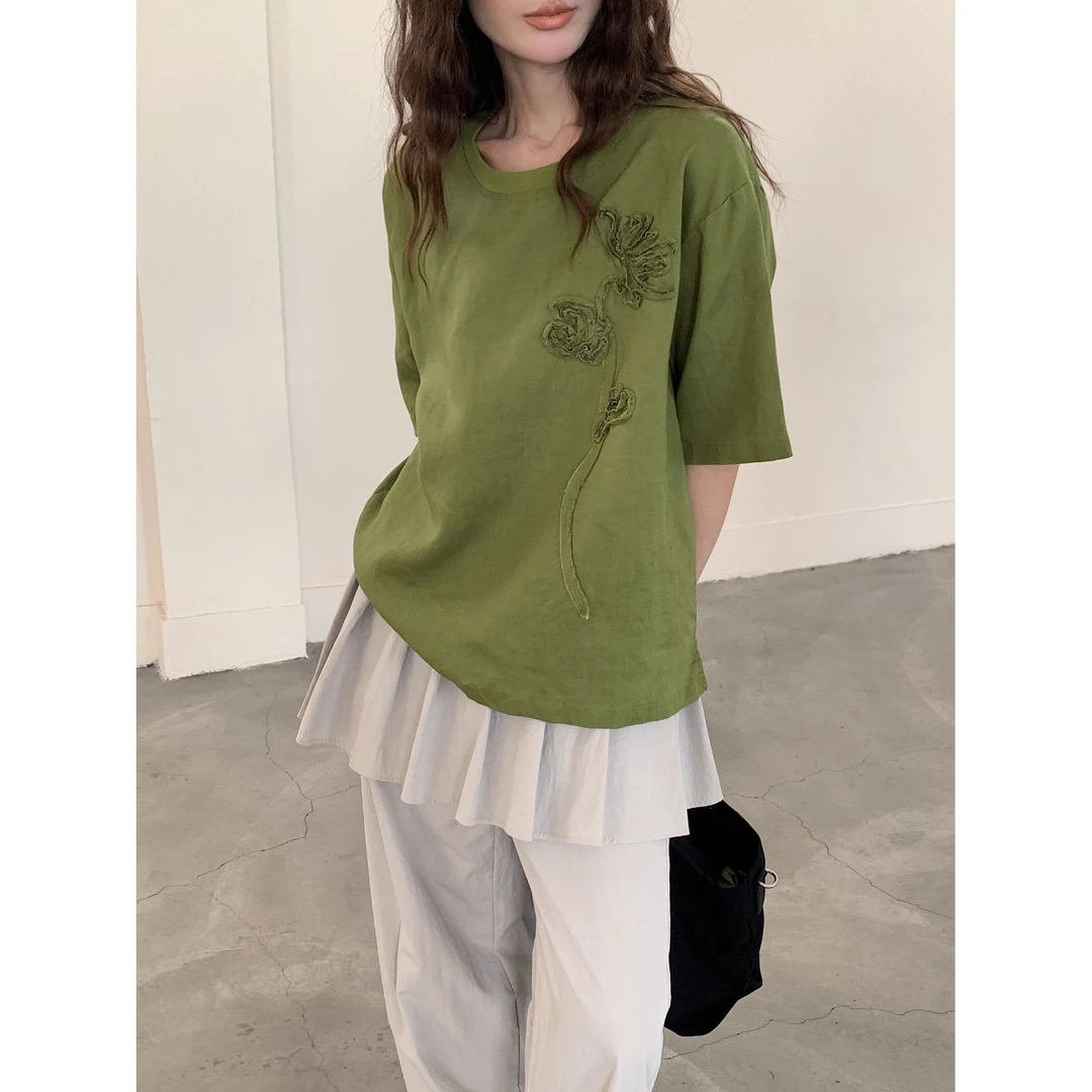 【天丝亚麻&古韵芍药花朵Tee】夏季圆领设计芍药花短袖DF342