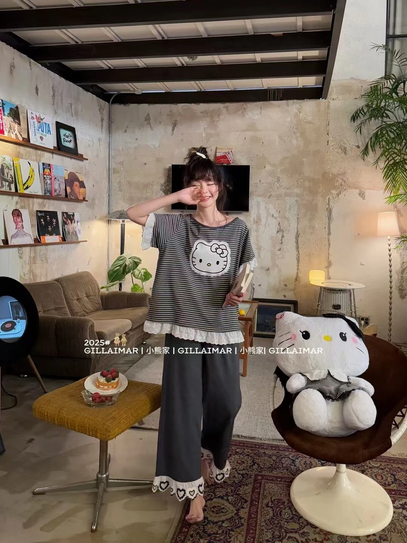 小熊家 短袖9分裤 甜美蕾丝 KT猫条纹 睡衣套装女7837