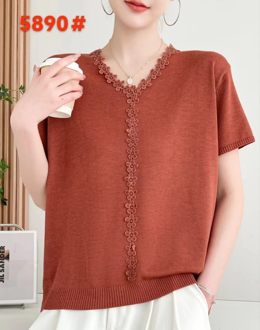 V领钩花5890冰丝针织短袖女士夏季宽松凉快洋气打底上衣时尚大码