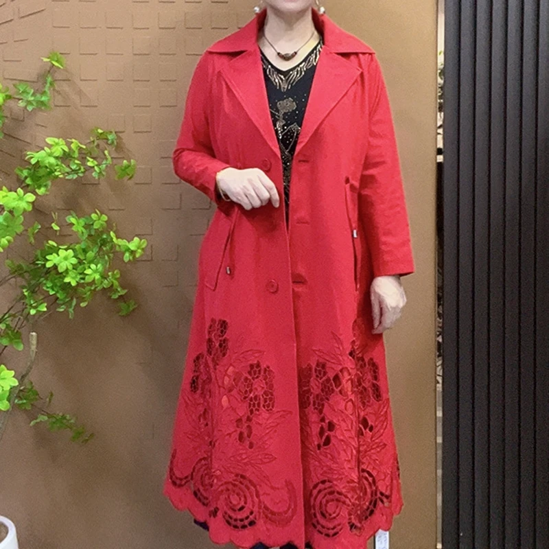 9165-中长款纯色裙摆型镂空中老年女装连衣裙时尚开衫女装风衣