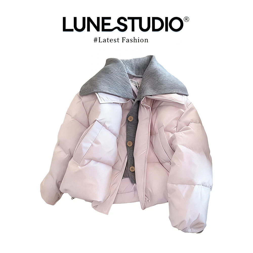 INSCEC韩版香芋紫针织翻领拼接棉服超好看外套保暖棉衣新款棉袄