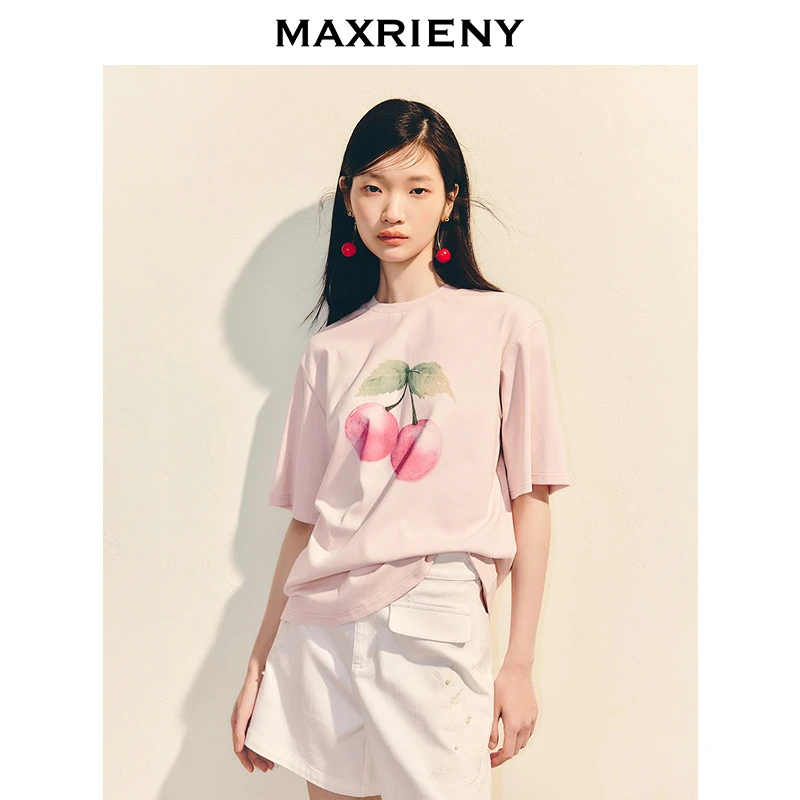 MAXRIENY肌理感立体印花T恤25夏款后背镂空小众设计感宽松