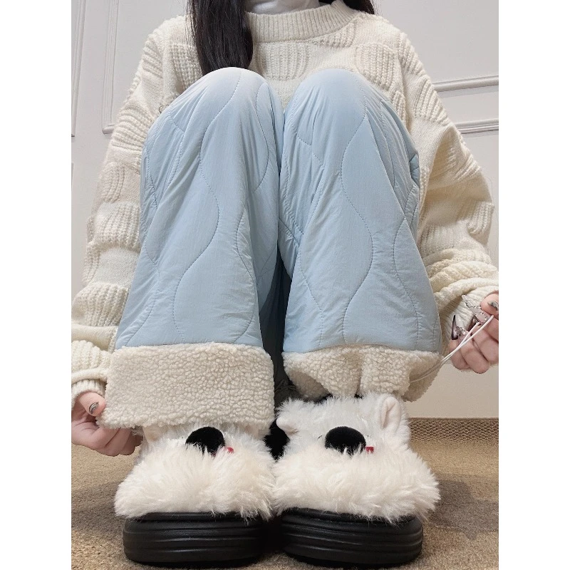 蓝色羊羔绒拼接阔腿裤女秋冬季2025新款高腰宽松加绒加厚保暖棉裤