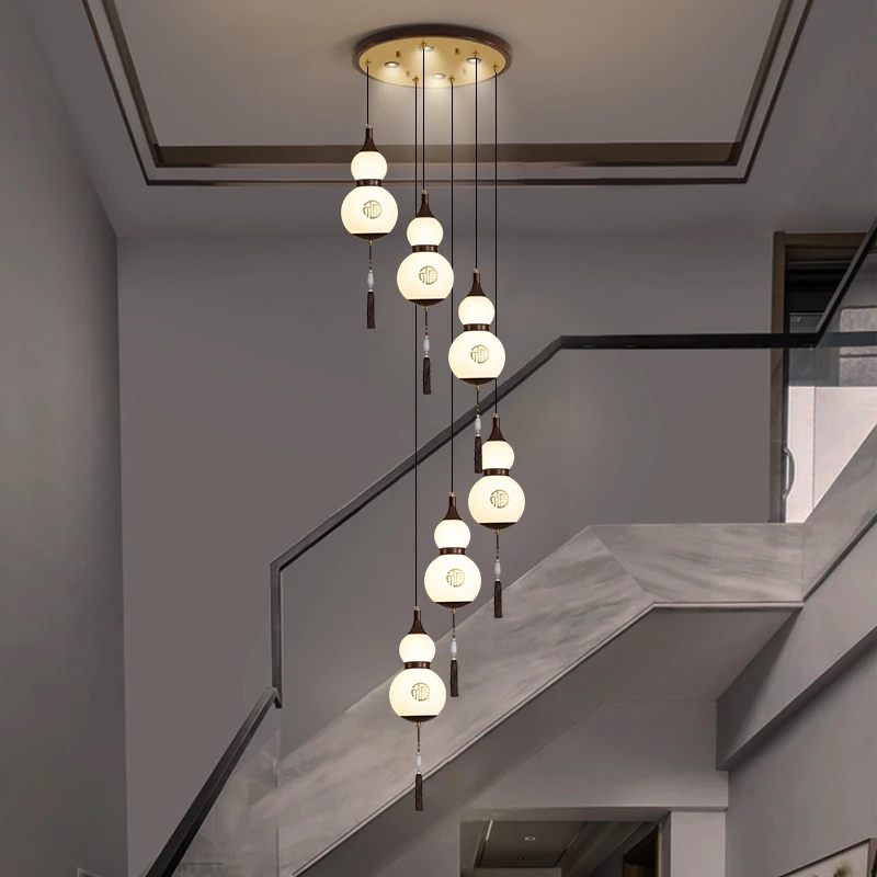 新中式实木加铜玉石楼梯间吊灯木艺铜灯别墅旋转楼梯中国风吊顶灯